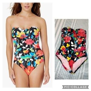 Anne Cole Floral Print Twist Front Strapless Ruched One Piece Swimsuit size 6